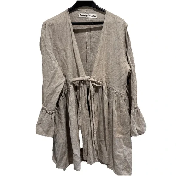 Linen Tie Front Shrug Wrap Cardigan Shepherds Frock One Size Beige Cover Up - Picture 1 of 6